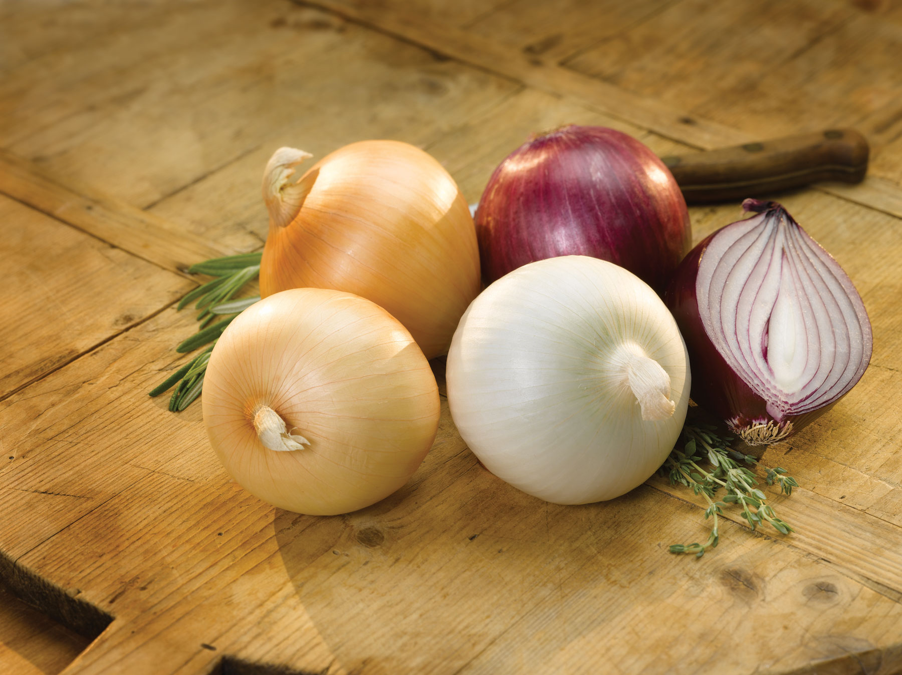 Onions on wood board